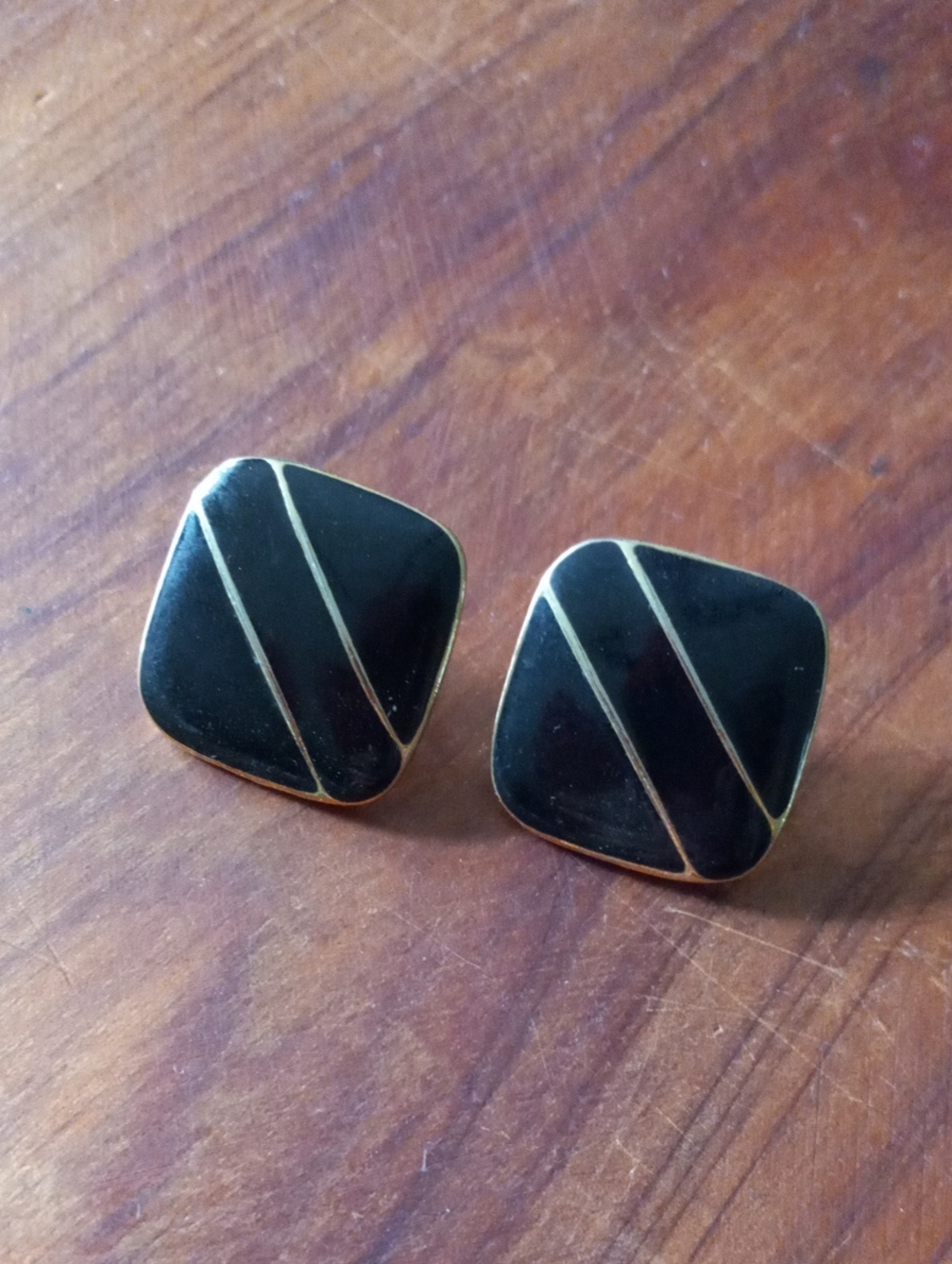 Retro 80s 90s Black & Gold Pinstripe Square Stud Earrings Corporate Chic